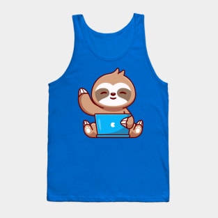 Cute Sloth Working On Laptop Cartoon Tank Top